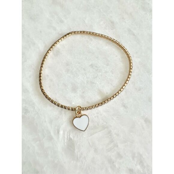 White enamel heart rhinestone stretch bracelet - Picture 2 of 2
